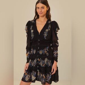 Farm Rio Black Stitched Garden Short Sleeve Midi Dress